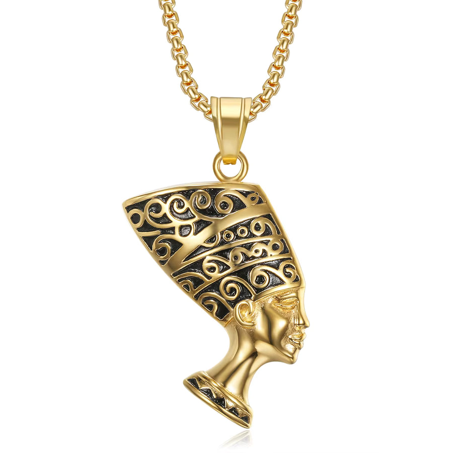 Pendentif Néfertiti noir et plaqué or avec chaîne