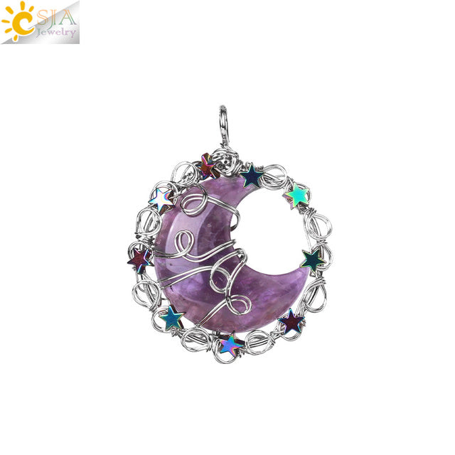 colliers en cristal de pierre naturelle pour petite amie, pendentif lune étoile, collier enroulé de fil, croissant, bijoux en Quartz faits à la main véritables pierre naturelle et cristaux collier pierres véritables Amethyst 2