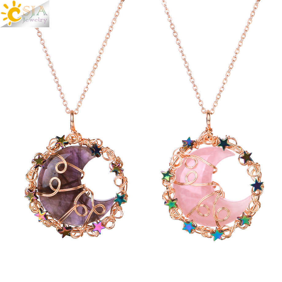 colliers en cristal de pierre naturelle pour petite amie, pendentif lune étoile, collier enroulé de fil, croissant, bijoux en Quartz faits à la main véritables pierre naturelle et cristaux collier pierres véritables Amethyst 2