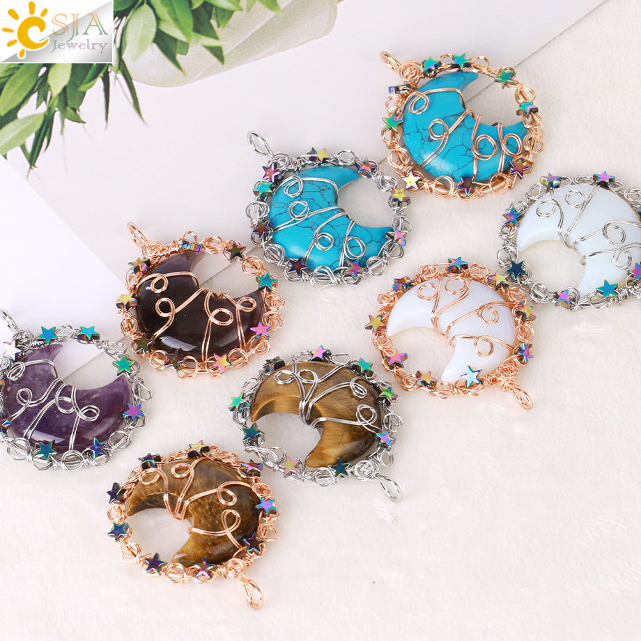 colliers en cristal de pierre naturelle pour petite amie, pendentif lune étoile, collier enroulé de fil, croissant, bijoux en Quartz faits à la main véritables pierre naturelle et cristaux collier pierres véritables Amethyst 2