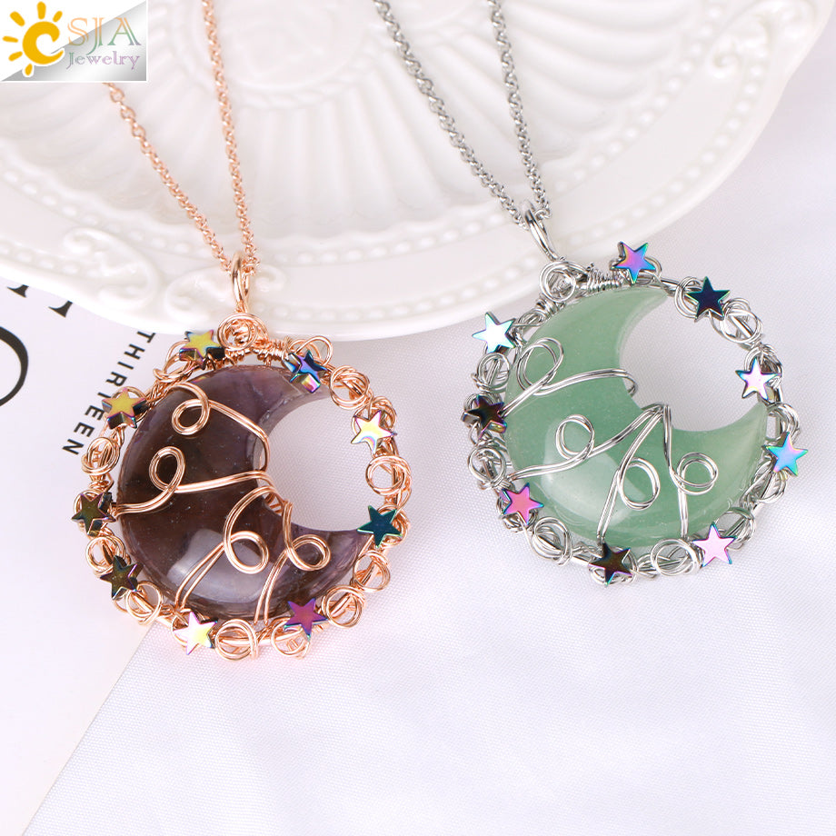 colliers en cristal de pierre naturelle pour petite amie, pendentif lune étoile, collier enroulé de fil, croissant, bijoux en Quartz faits à la main véritables pierre naturelle et cristaux collier pierres véritables Amethyst 2