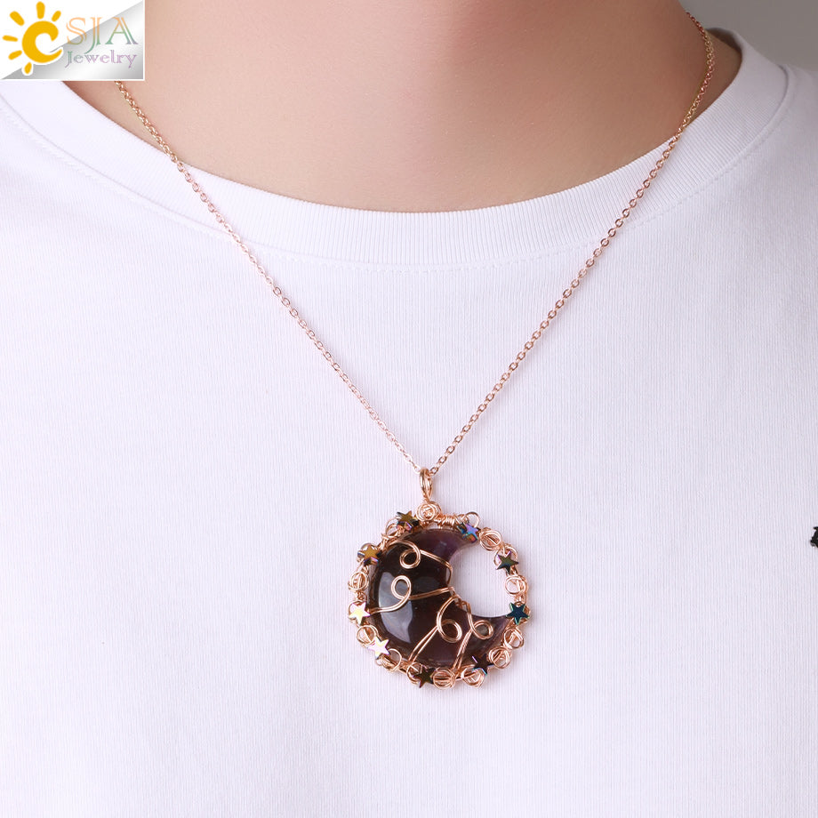 colliers en cristal de pierre naturelle pour petite amie, pendentif lune étoile, collier enroulé de fil, croissant, bijoux en Quartz faits à la main véritables pierre naturelle et cristaux collier pierres véritables Amethyst 2