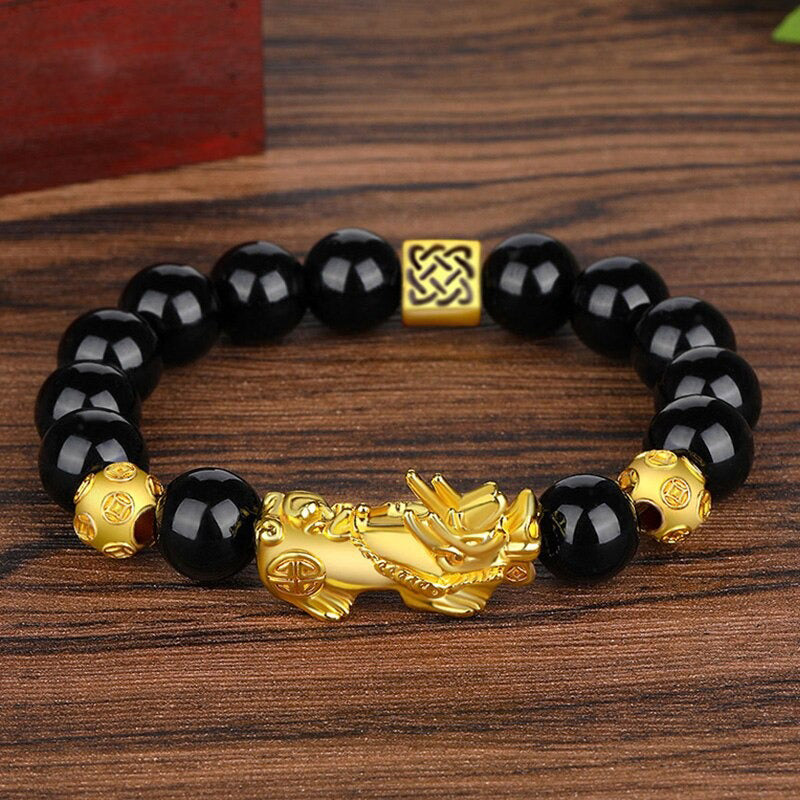 Bracelet de perles Feng Shui en obsidienne, bijoux en alliage de bouddha