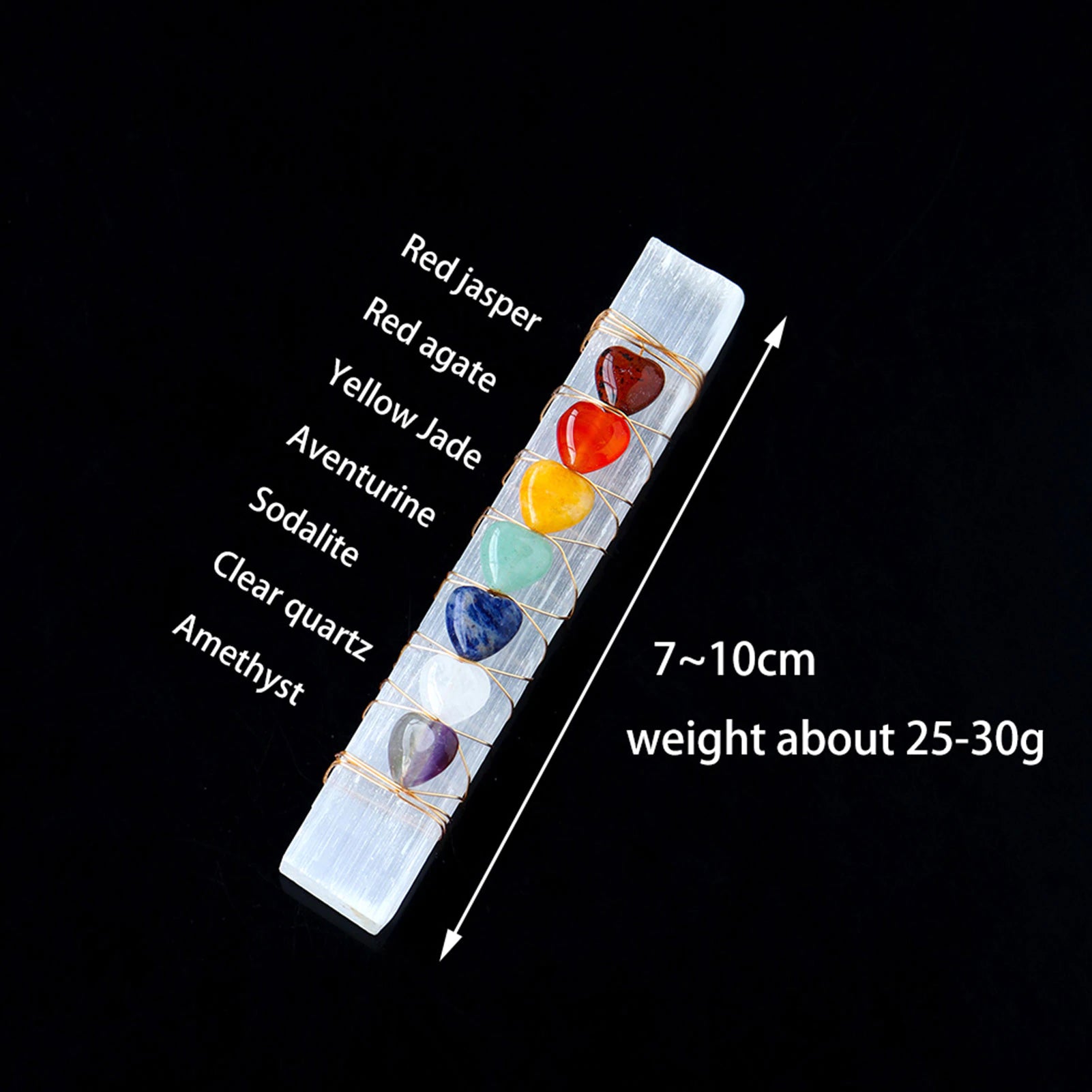 Bâton de Sélénite artisanal avec 7 perles Coeur 7 Chakras