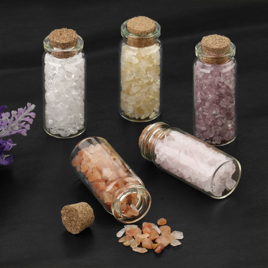 Mini botellas de deseo de vidrio, 52x21mm, piedras naturales, chip, decoración