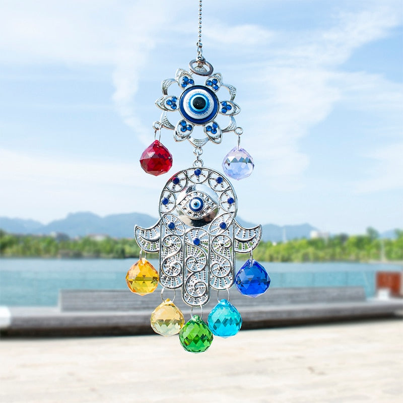Pendentif Cristaux 7 Chakras capteurs de soleil main de Fatima contre le mauvais oeil - 4 modèles