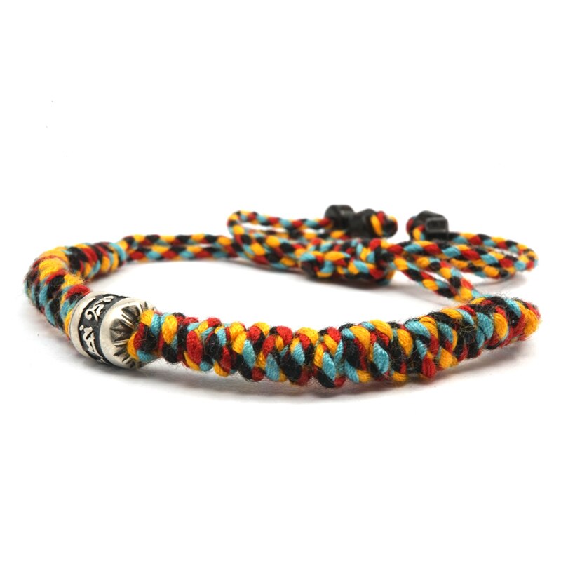 Bracelet en corde Tibétain Bouddhiste porte bonheur avec élément en argent