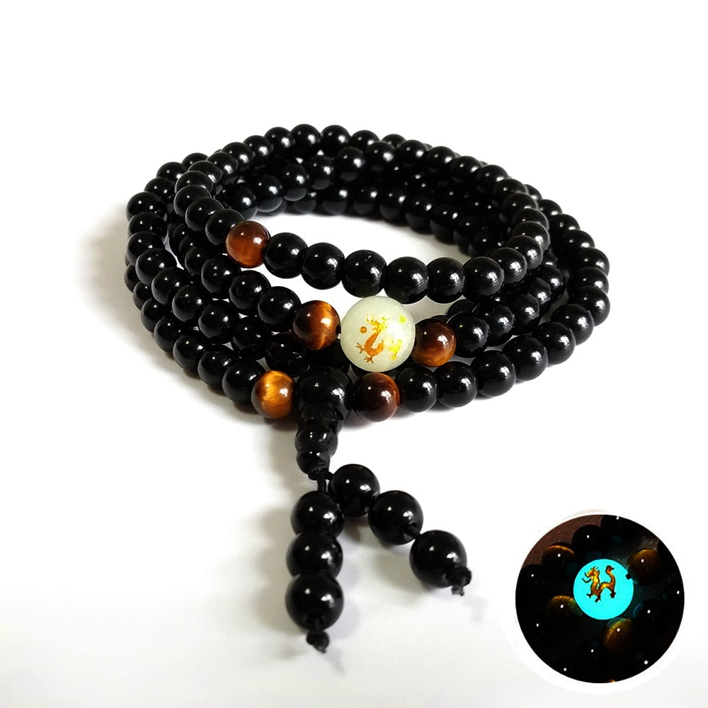 Bracelet Mala Dragon Lumineux en perles d'Onyx Noire et Oeil de tigre