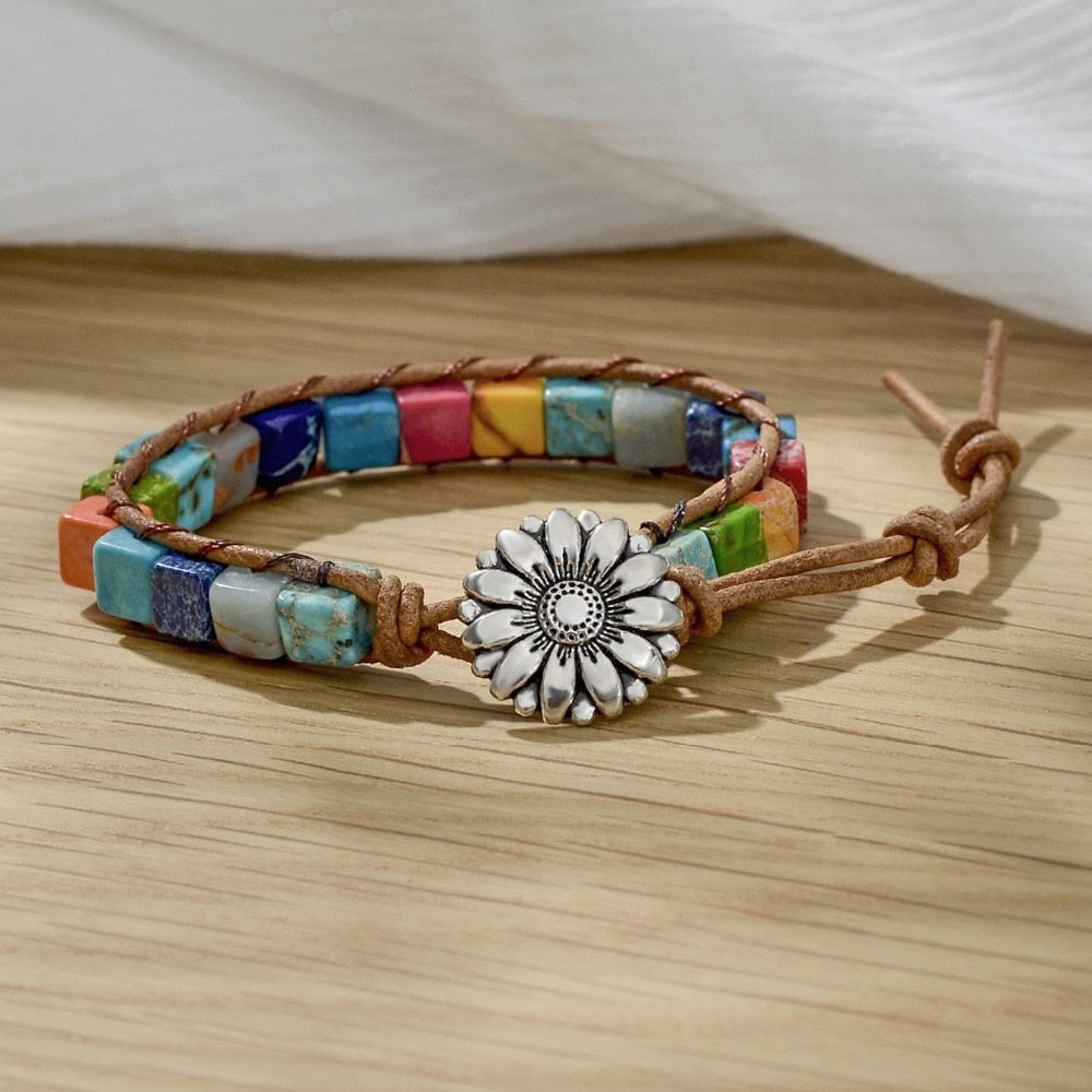 Pulsera de Cuero Bohemia con 7 Chakras, Piedra Druzy Curativa Natural