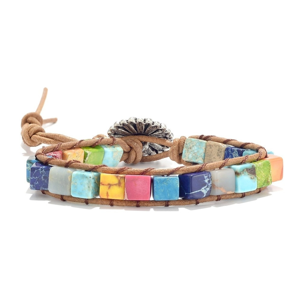 Pulsera de Cuero Bohemia con 7 Chakras, Piedra Druzy Curativa Natural