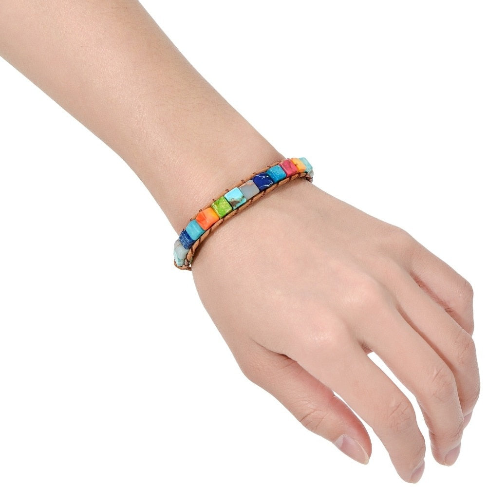 Pulsera de Cuero Bohemia con 7 Chakras, Piedra Druzy Curativa Natural
