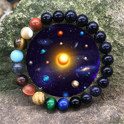 Beau Bracelet "Galaxie" avec les 9 Planètes et le Soleil en Pierres Naturelles