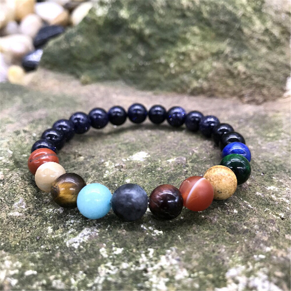 Beau Bracelet "Galaxie" avec les 9 Planètes et le Soleil en Pierres Naturelles