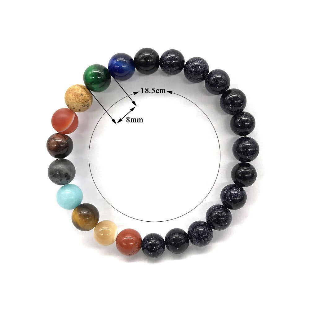 Beau Bracelet "Galaxie" avec les 9 Planètes et le Soleil en Pierres Naturelles