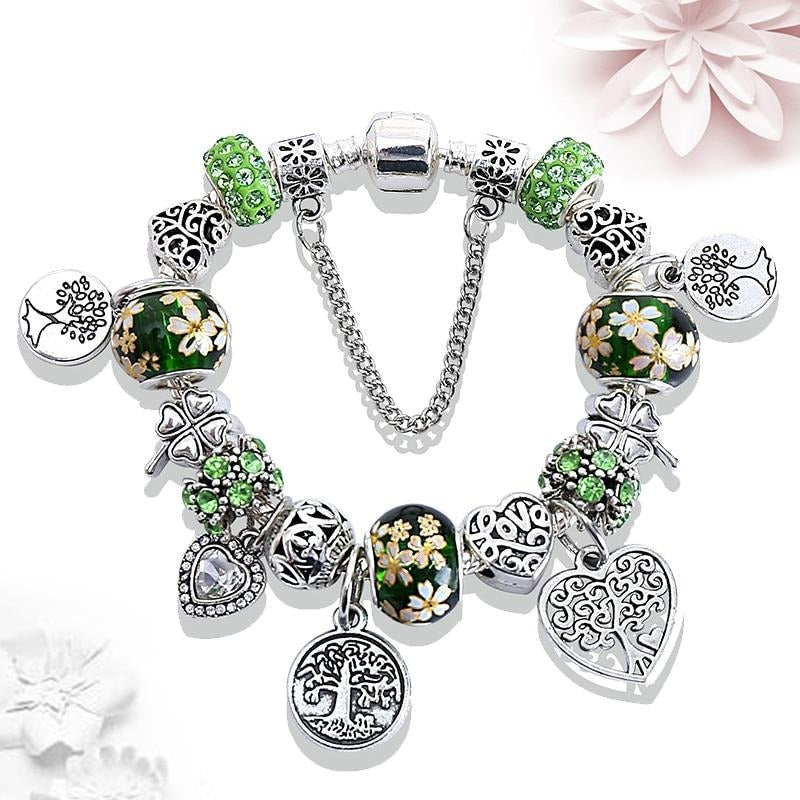 Arbre vert de vie, couleur argent Bracelet à breloques, pendentif d'arbre en cœur