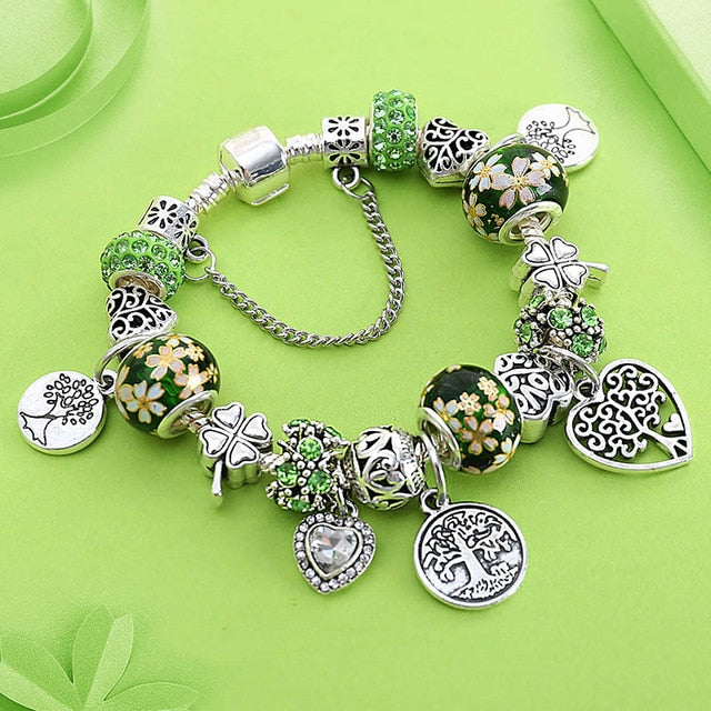 Arbre vert de vie, couleur argent Bracelet à breloques, pendentif d'arbre en cœur