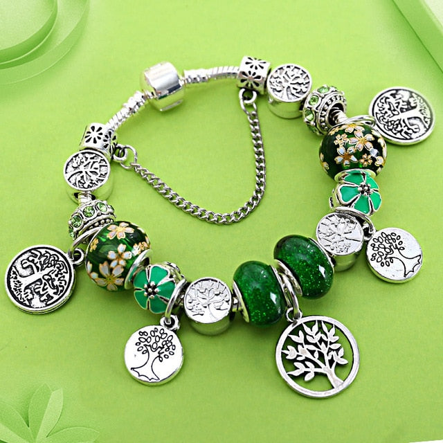 Arbre vert de vie, couleur argent Bracelet à breloques, pendentif d'arbre en cœur