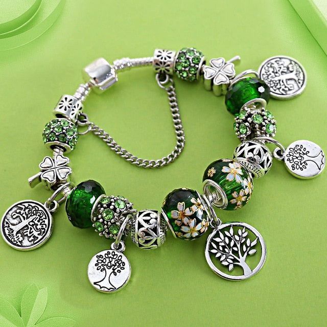 Arbre vert de vie, couleur argent Bracelet à breloques, pendentif d'arbre en cœur