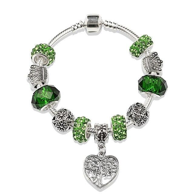 Arbre vert de vie, couleur argent Bracelet à breloques, pendentif d'arbre en cœur
