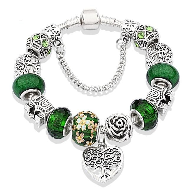 Arbre vert de vie, couleur argent Bracelet à breloques, pendentif d'arbre en cœur