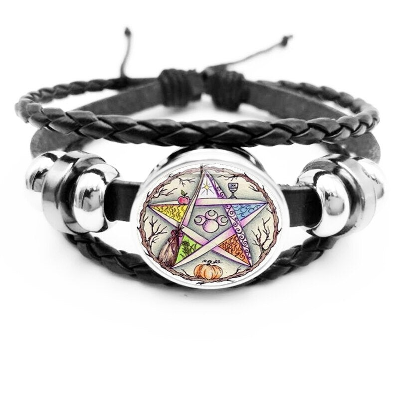 Initiale Ésotérique Pentagramme Noir Bracelet En Cuir Vintage Wicca Étoile