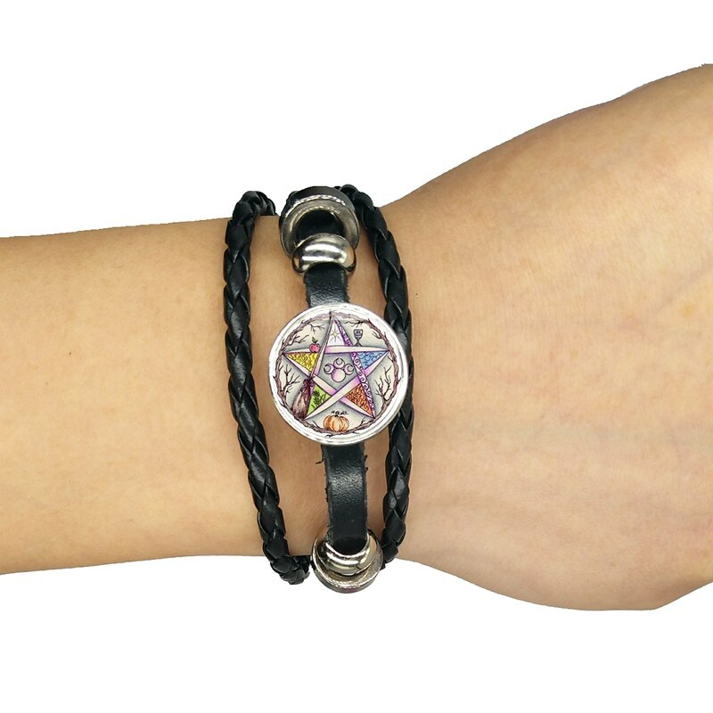 Initiale Ésotérique Pentagramme Noir Bracelet En Cuir Vintage Wicca Étoile