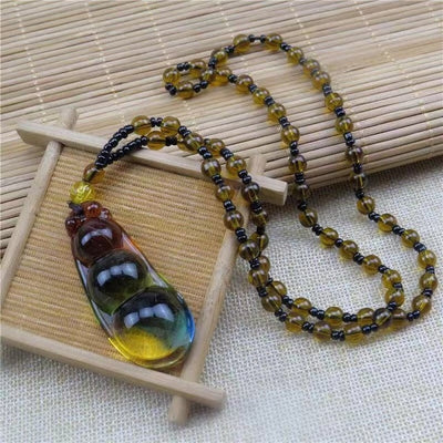 Collier en verre coloré, cristal ruyi, pendentif bouddha Guan gong