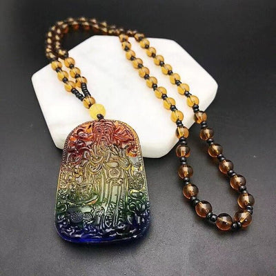 Collier en verre coloré, cristal ruyi, pendentif bouddha Guan gong