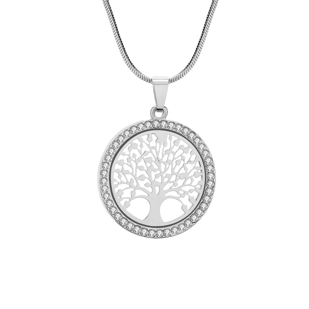 Collar con colgante redondo pequeño con árbol de la vida de cristal para mujer, elegante collar femenino