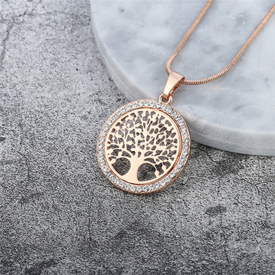 Ras de cou petit pendentif rond avec d'arbre de vie en cristal pour femme, collier féminin élégant