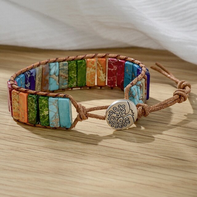 Pulsera de Cuero Bohemia con 7 Chakras, Piedra Druzy Curativa Natural