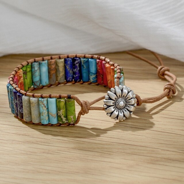 Pulsera de Cuero Bohemia con 7 Chakras, Piedra Druzy Curativa Natural