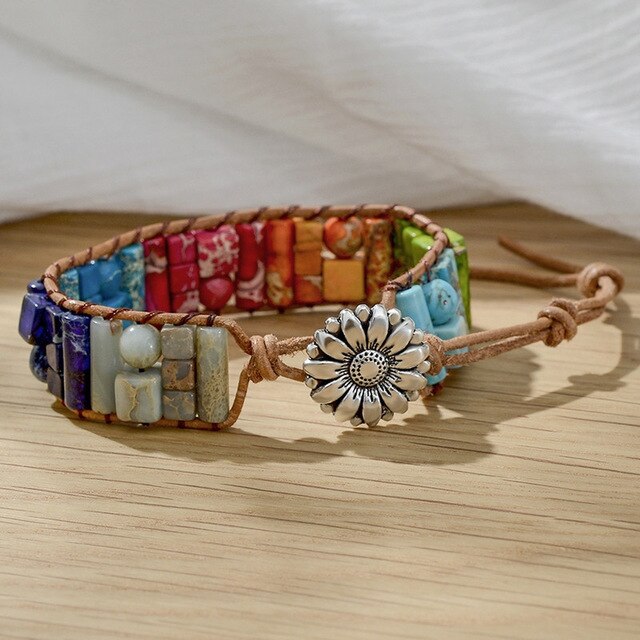 Pulsera de Cuero Bohemia con 7 Chakras, Piedra Druzy Curativa Natural