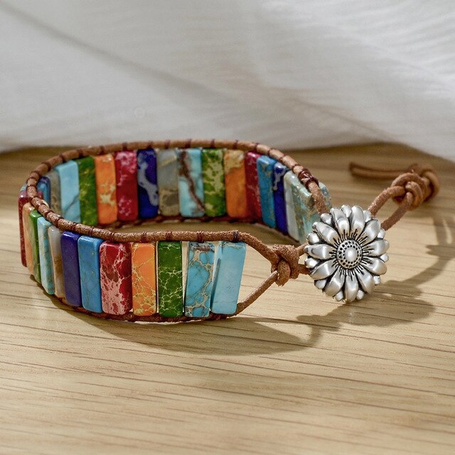 Pulsera de Cuero Bohemia con 7 Chakras, Piedra Druzy Curativa Natural
