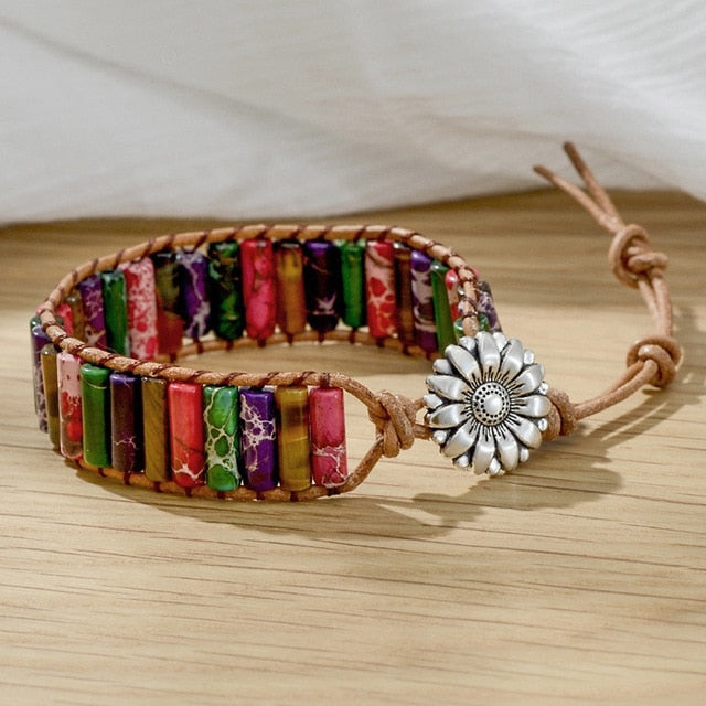 Pulsera de Cuero Bohemia con 7 Chakras, Piedra Druzy Curativa Natural