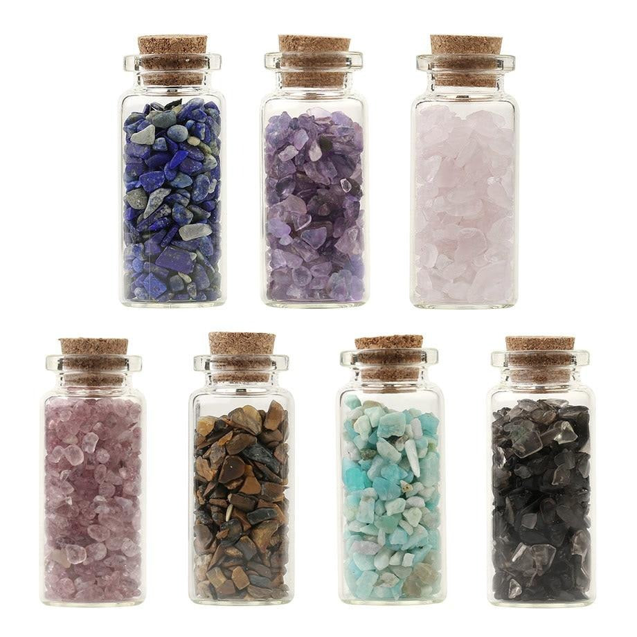 Mini botellas de deseo de vidrio, 52x21mm, piedras naturales, chip, decoración