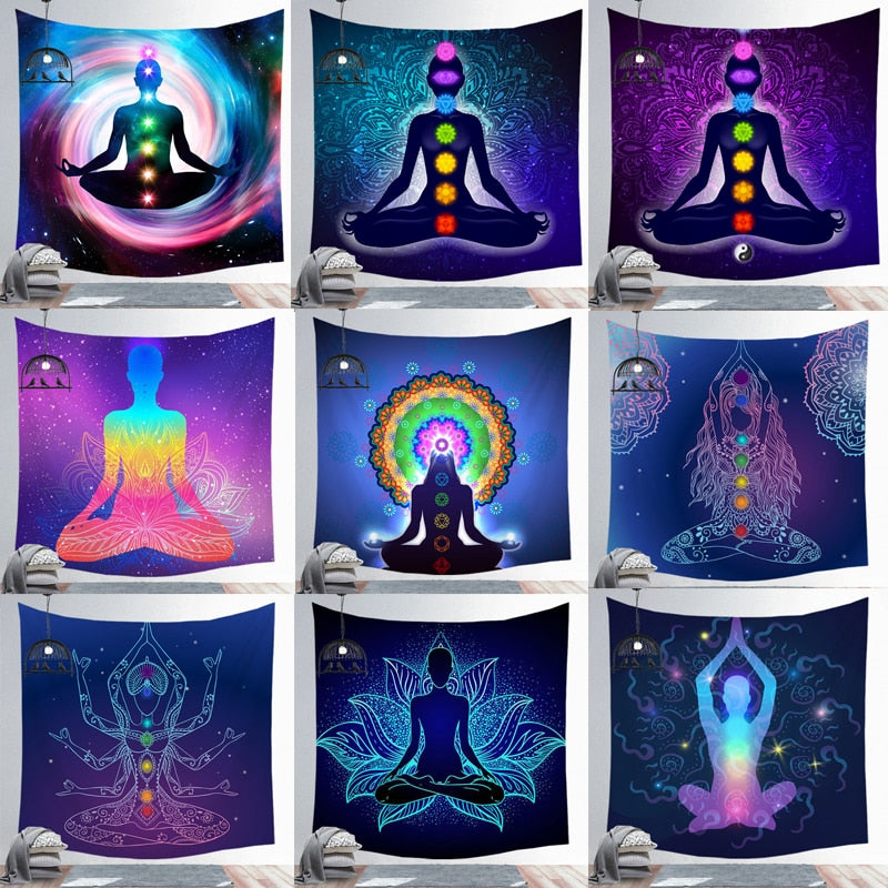 Indien bouddha Statue méditation 7 Chakra tapisserie tenture murale