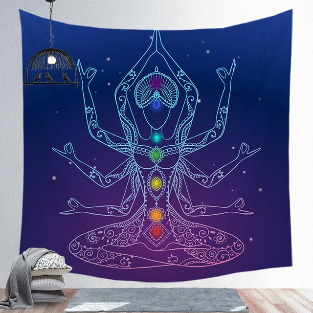 Indien bouddha Statue méditation 7 Chakra tapisserie tenture murale