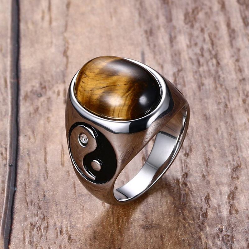 Pierres brunes ovales œil de tigre avec YIN YANG, SIGNET, bague en acier inoxydable