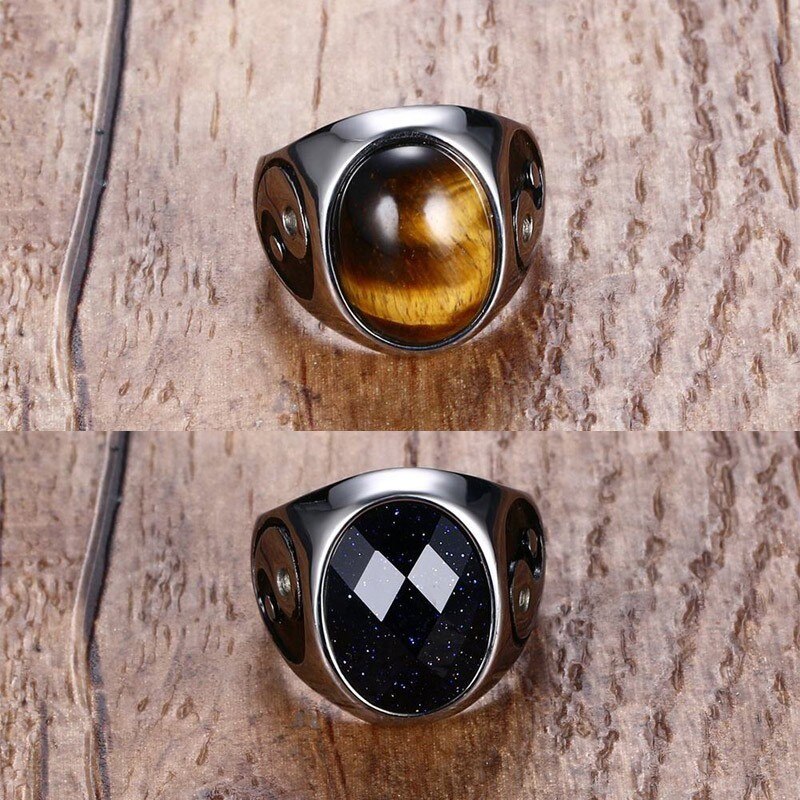 Pierres brunes ovales œil de tigre avec YIN YANG, SIGNET, bague en acier inoxydable