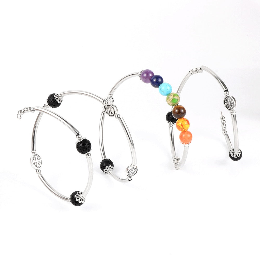 Bracelet 7 Chakras Cuivre Tube avec perles en pierres