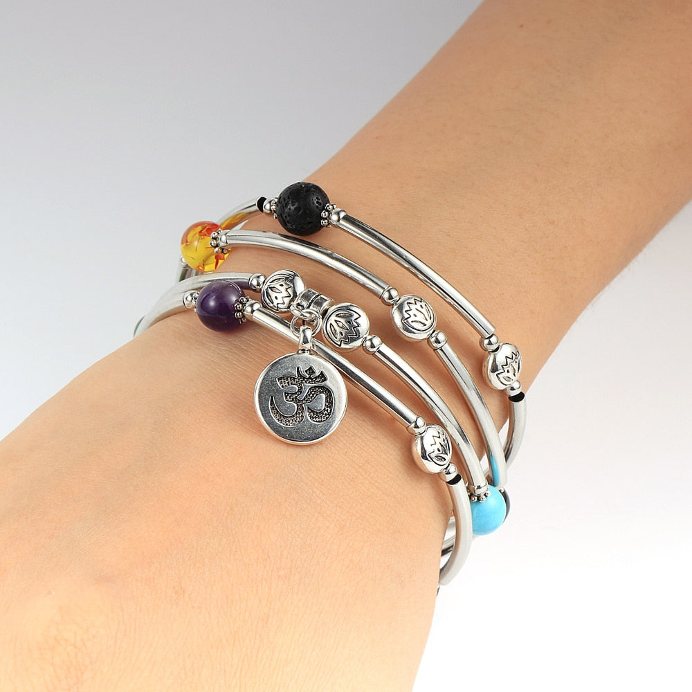 Bracelet 7 Chakras Cuivre Tube avec perles en pierres