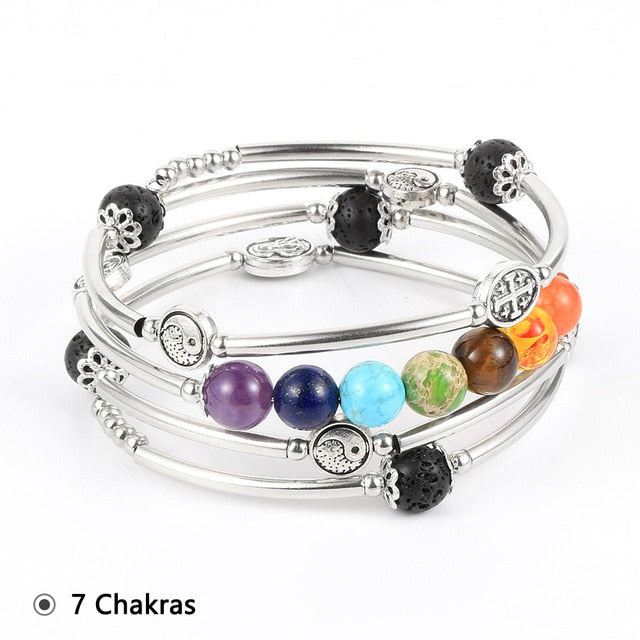 Bracelet 7 Chakras Cuivre Tube avec perles en pierres