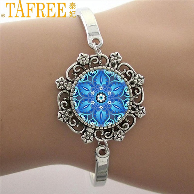 Brazalete Art Mandala Azul, Brazalete Plateado, Joyas Yoga Zen
