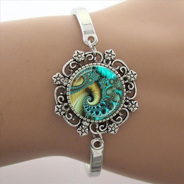 Brazalete Art Mandala Azul, Brazalete Plateado, Joyas Yoga Zen