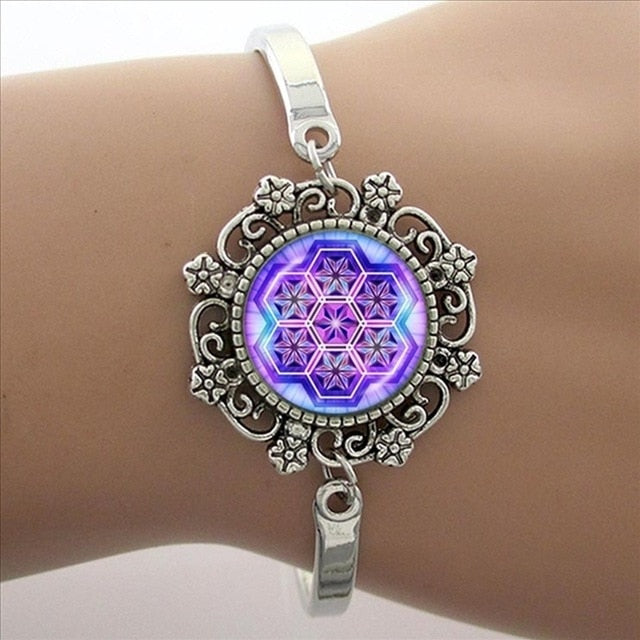 Brazalete Art Mandala Azul, Brazalete Plateado, Joyas Yoga Zen