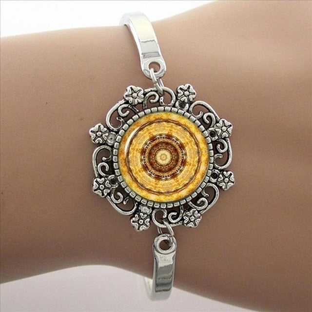 Brazalete Art Mandala Azul, Brazalete Plateado, Joyas Yoga Zen