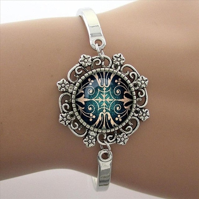 Brazalete Art Mandala Azul, Brazalete Plateado, Joyas Yoga Zen