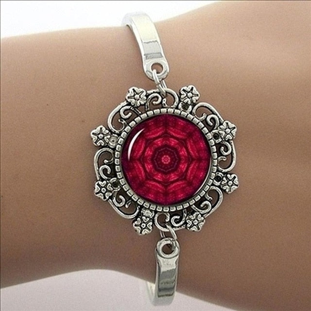 Brazalete Art Mandala Azul, Brazalete Plateado, Joyas Yoga Zen