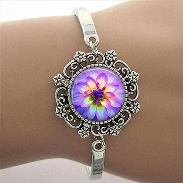 Brazalete Art Mandala Azul, Brazalete Plateado, Joyas Yoga Zen